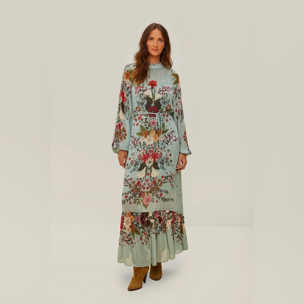 NWT Farm Rio Blue Beauty Bouquet Long Sleeve Maxi Dress small. Feminine, floral - Picture 2 of 9